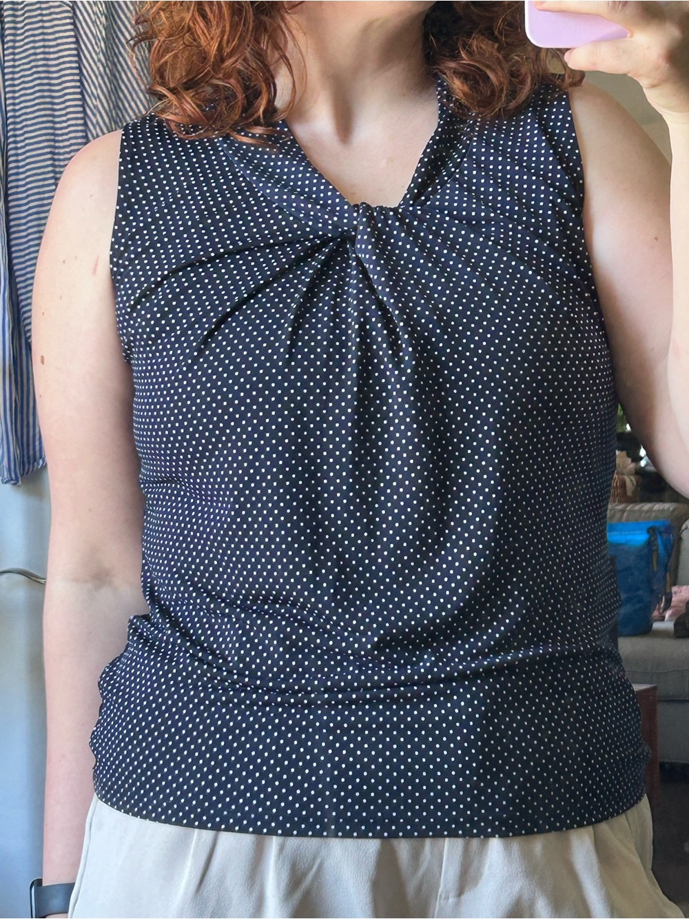 Calvin Klein navy polkadot, sleeveless, twist collar, office wear top sz large